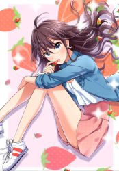 Rule 34 | 1girl, ahoge, bare legs, blue eyes, blush, brown hair, earrings, food, food print, fruit, high-waist skirt, holding, holding food, holding fruit, ichinose shiki, idolmaster, idolmaster cinderella girls, jacket, jewelry, knees up, long hair, looking at viewer, open clothes, open jacket, open mouth, shirt, shoes, skirt, sneakers, solo, strawberry, strawberry print, wavy hair, white shirt, zattape