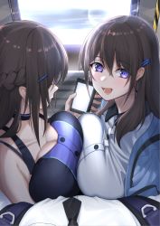 Rule 34 | 1boy, 2girls, :d, bare shoulders, blush, breast press, breasts, brown hair, cellphone, cleavage, commentary, hair ornament, large breasts, looking at viewer, multiple girls, necktie, open mouth, original, phone, pov, purple eyes, smartphone, smile, symmetrical docking, train interior, xiujia yihuizi