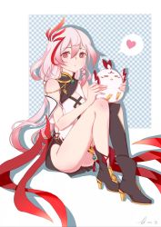 Rule 34 | 1girl, animal, artist request, asymmetrical legwear, bare shoulders, bird, breasts, chicken, china dress, chinese clothes, cleavage, closed eyes, closed mouth, dress, fu hua, fu hua (phoenix), full body, hair between eyes, hair ornament, heart, high heels, highres, holding, holding animal, honkai (series), honkai impact 3rd, long hair, looking at viewer, multicolored hair, on floor, ponytail, red eyes, sitting, sleeveless, sleeveless dress, small breasts, solo, speech bubble, streaked hair, uneven legwear, white background, white hair