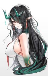 Rule 34 | 1girl, arknights, bare shoulders, black hair, breasts, closed mouth, colored skin, commentary request, covered erect nipples, dragon girl, dragon horns, dress, dusk (arknights), earrings, from side, green horns, hair over one eye, highres, horn/wood, horns, jewelry, large breasts, long hair, looking at viewer, red eyes, sideboob, simple background, sleeveless, sleeveless dress, solo, tassel, tassel earrings, upper body, white background, white dress