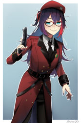 Rule 34 | 1girl, artist name, belt, beret, black belt, black necktie, black pants, blue eyes, blue nails, closed mouth, coat, commentary, commission, darkpulsegg, english commentary, feet out of frame, female commander (girls&#039; frontline), girls&#039; frontline, glasses, griffin &amp; kryuger military uniform, gun, hair ribbon, handgun, hat, highres, holding, holding gun, holding weapon, jacket, lips, long hair, long sleeves, looking at viewer, multicolored hair, nail polish, necktie, pants, pistol, purple hair, red coat, red hat, red jacket, ribbon, shirt, side ponytail, simple background, smile, solo, standing, streaked hair, weapon, white shirt