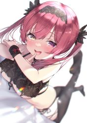 Rule 34 | 1girl, absurdres, black bra, black ribbon, black thighhighs, blush, bra, bracelet, breasts, buta tamako, eyes visible through hair, fang, finger to mouth, hair ribbon, hairband, heterochromia, highres, hololive, houshou marine, huge filesize, jewelry, lace, lace bra, lace hairband, lingerie, looking at viewer, lying, on stomach, open mouth, red eyes, red hair, ribbon, solo, thighhighs, twintails, underboob, underwear, virtual youtuber, white background, yellow eyes