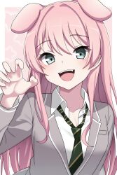 Rule 34 | 1girl, animal ears, bang dream!, bang dream! it&#039;s mygo!!!!!, blazer, blush, breasts, chihaya anon, cleavage, collarbone, dog ears, fang, green necktie, grey jacket, haneoka school uniform, highres, jacket, kemonomimi mode, long hair, looking at viewer, loose necktie, medium breasts, necktie, open collar, paw pose, pink hair, school uniform, shirt, smile, solo, star (symbol), starry background, two-tone background, upper body, vector (dmlddmld00), very long hair, white shirt