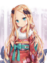 Rule 34 | 1girl, abigail williams (fate), alternate costume, bad id, bad pixiv id, black bow, blonde hair, blue bow, blue eyes, blurry, blurry background, blush, bow, closed mouth, commentary request, depth of field, fate/grand order, fate (series), floral print, flower, forehead, fur collar, hair bow, head tilt, highres, holding, japanese clothes, kimono, long hair, long sleeves, looking at viewer, milkshakework, obi, orange bow, pink flower, polka dot, polka dot bow, print kimono, red kimono, sash, smile, solo, stuffed animal, stuffed toy, suction cups, teddy bear, tentacles, upper body, very long hair, wide sleeves