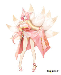 Rule 34 | 1girl, absurdres, alternate hair color, animal ear fluff, animal ears, ankle bell, blue eyes, breasts, cleavage, cleavage cutout, closers, clothing cutout, copyright name, dress, fingernails, fox ears, fox girl, fox tail, full body, grin, hand up, high heels, highres, kitsune, kyuubi, large breasts, layered dress, legs apart, logo, long fingernails, long hair, long sleeves, looking at viewer, low ponytail, multiple tails, official art, overskirt, pigeon-toed, pink dress, pink hair, see-through, see-through sleeves, skirt hold, smile, solo, standing, tachi-e, tail, two-tone dress, v-shaped eyebrows, violet (closers), wedge heels, white background, white footwear, yellow dress, yellow sleeves, yellow tail
