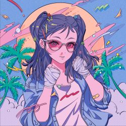 Rule 34 | 1girl, album cover, bandages, bandaged hand, bandages, bandaid, bandaid on arm, black hair, blue shirt, clenched hands, collared shirt, cover, earrings, hair behind ear, highres, hoop earrings, jewelry, looking at viewer, mahosame, moon, original, palm tree, parted lips, pink-tinted eyewear, pink-tinted glasses, retro artstyle, shirt, solo, sunglasses, t-shirt, tinted eyewear, tree, twintails, white shirt