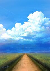 Rule 34 | alu.m (alpcmas), artist name, blue sky, cloud, contrail, day, dirt road, grass, highres, mountainous horizon, no humans, original, outdoors, road, scenery, sky, utility pole