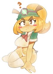 Rule 34 | 1girl, ?, arm support, blonde hair, blush, blush stickers, brown eyes, cleptorar, closed mouth, collared shirt, crop top, fang, fang out, full body, goombella, green sleeves, hard hat, headlight, helmet, high ponytail, mario (series), mining helmet, neckerchief, nintendo, panties, paper mario, paper mario: the thousand year door, red neckerchief, shirt, short sleeves, side-tie panties, simple background, sitting, sleeves rolled up, spoken question mark, thighhighs, underwear, v-shaped eyebrows, white background, white panties, white shirt, white thighhighs, yokozuwari