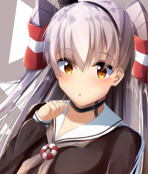 Rule 34 | 1girl, :o, amatsukaze (kancolle), blush, brown dress, brown eyes, choker, clenched hand, dress, eyes visible through hair, gloves, grey neckerchief, hair tubes, hairband, hand up, highres, kantai collection, lifebuoy, long hair, looking at viewer, neckerchief, open mouth, portrait, sailor dress, sidelocks, silver hair, smokestack hair ornament, solo, suisen-21, swim ring, two side up
