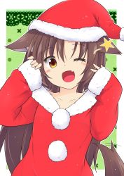 Rule 34 | 1girl, ;d, alternate costume, animal ears, bad id, bad twitter id, brown hair, fang, fur-trimmed sleeves, fur trim, hat, imaizumi kagerou, kazawa (tonzura-d), long hair, one eye closed, open mouth, pom pom (clothes), santa costume, santa hat, smile, solo, star (symbol), tail, touhou, wolf ears, wolf tail, yellow eyes