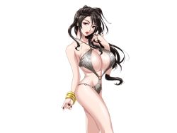 Rule 34 | 1girl, ass, black hair, bracelet, breasts, cleavage, game cg, huge breasts, ichii mana, jewelry, legs, lipstick, long hair, looking at viewer, mainichi shabutte ii desu ka?, makeup, mochizuki nozomu, nail polish, red eyes, simple background, solo, standing, swimsuit, thighs, white background