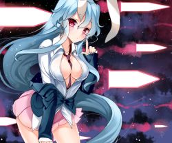 Rule 34 | 1girl, alternate hair color, animal ears, bad id, bad pixiv id, between breasts, blazer, blue hair, breasts, rabbit ears, clothes between breasts, cosmos (the crying moon), dress shirt, female focus, finger gun, jacket, large breasts, long hair, necktie, no bra, off shoulder, open clothes, open shirt, pleated skirt, red eyes, reisen udongein inaba, shirt, skirt, solo, touhou, very long hair