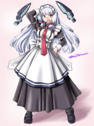 Rule 34 | 1girl, adapted costume, alternate costume, apron, black dress, black footwear, blunt bangs, dress, enmaided, frilled apron, frills, full body, gradient background, hair between eyes, hair ribbon, kantai collection, loafers, long hair, maid, maid headdress, murakumo (kancolle), murakumo kai ni (kancolle), necktie, orange eyes, pantyhose, red necktie, ribbon, shoes, short eyebrows, sidelocks, silver hair, solo, standing, tatsumi ray, tress ribbon, twitter username, white apron, white background