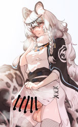 Rule 34 | 1futa, animal ear fluff, animal ears, arknights, bar censor, black sleeves, breasts, censored, clothes lift, commentary, cowboy shot, dress, erection, futanari, grey eyes, hand up, heart, highres, jewelry, large penis, leopard ears, leopard girl, leopard tail, lifting own clothes, looking at viewer, medium breasts, mirin chikuwa, necklace, parted lips, pelvic curtain, pelvic curtain lift, penis, pramanix (arknights), simple background, solo, tail, testicles, thighhighs, thighs, tiara, veins, veiny penis, white background, white dress, white hair