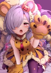 Rule 34 | 1girl, animal ears, animal hands, arm support, breasts, buttons, cat paws, claw pose, commentary request, double-breasted, dress, fake animal ears, fang, granblue fantasy, hair ornament, hair over one eye, highres, iwao (pixiv258710), jack-o&#039;-lantern, jack-o&#039;-lantern hair ornament, long hair, looking at viewer, niyon (granblue fantasy), niyon (lejonskrik) (granblue fantasy), official alternate costume, open mouth, orange dress, parted bangs, paw shoes, purple legwear, red eyes, shoes, sitting, sleeveless, sleeveless dress, small breasts, solo, very long hair, wariza