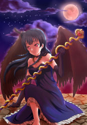 Rule 34 | 1girl, absurdres, black feathers, black gloves, black hair, breasts, brown wings, choker, cleavage, drabon motagit, dress, elbow gloves, feathered wings, feathers, floating hair, frilled dress, frills, full moon, gloves, hair bun, highres, holding, holding staff, long dress, long hair, looking at viewer, love live!, love live! school idol festival, love live! sunshine!!, medium breasts, moon, night, night sky, on one knee, outdoors, purple dress, red eyes, single hair bun, sky, sleeveless, sleeveless dress, smile, solo, staff, star (sky), starry sky, strapless, strapless dress, tsushima yoshiko, very long hair, wings