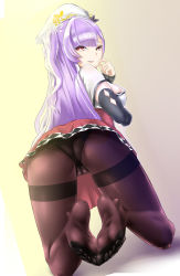 Rule 34 | 1girl, ajax (azur lane), arched back, ass, azur lane, beret, blunt bangs, bright pupils, brown pantyhose, crotch, dutch angle, feet, female focus, foot focus, from behind, full body, hat, highres, kneeling, legs, light purple hair, long hair, looking at viewer, looking back, no shoes, panties, panties under pantyhose, pantyhose, parted lips, purple hair, red eyes, side ponytail, smile, soles, solo, thighband pantyhose, thighs, toes, twintails, underwear, upskirt, very long hair, white hat