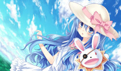 Rule 34 | 10s, 1girl, akabane, blue eyes, blue hair, bow, casual, cloud, date a live, day, dress, dutch angle, hair between eyes, hat, hat bow, hat ribbon, long hair, looking at viewer, matching hair/eyes, parted lips, puppet, ribbon, sky, solo, wavy hair, white dress, yoshino (date a live), yoshinon