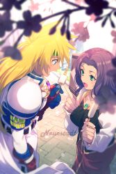 Rule 34 | 1boy, 1girl, arm belt, armor, artist name, belt, blonde hair, blue eyes, blue gloves, blurry, blurry background, blush, breastplate, collarbone, echo (circa), fingernails, flower, food, gem, gloves, green belt, green eyes, green headband, headband, holding, holding food, ilene rembrandt, jewelry, light particles, long hair, looking at another, nail polish, necklace, open mouth, outdoors, pauldrons, petals, pink nails, pointing, popsicle, purple hair, shoulder armor, silhouette, smile, stahn aileron, tales of (series), tales of destiny, tongue, tree