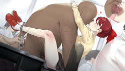 Rule 34 | 1boy, 1girl, age difference, akisora, atlus, chair, clothed female nude male, clothed male nude male, clothes lift, cuckquean, dark-skinned male, dark skin, desk, eye contact, heart, hetero, highres, hug, interracial, kiss, legs, legs up, long hair, long legs, looking at another, looking up, mating press, netorare, nude, persona, persona 5, persona 5 the royal, ponytail, public indecency, red eyes, red hair, ribbon, school, school chair, school desk, school uniform, sex, shoes, skirt, skirt lift, socks, sweater, tongue, french kiss, tongue out, uncensored, yoshizawa kasumi