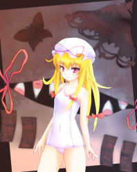 Rule 34 | 1girl, aged down, bad id, bad pixiv id, blonde hair, bow, bug, butterfly, female focus, flat chest, gap (touhou), gradient background, hat, insect, long hair, one-piece swimsuit, parasol, red eyes, school swimsuit, solo, sumapan, swimsuit, touhou, umbrella, white one-piece swimsuit, white school swimsuit, yakumo yukari, yakumo yukari (young)