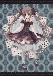 Rule 34 | 1girl, absurdres, blue eyes, bow, brown hair, card, dress, frilled dress, frills, grey thighhighs, hair bow, highres, inugami kira, off shoulder, open mouth, playing card, shoes, solo, thighhighs, twintails