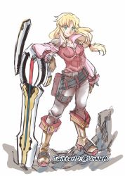Rule 34 | 1girl, belt, blonde hair, boots, breasts, clarissa arwin, closed mouth, full body, gloves, green eyes, high heel boots, high heels, huge weapon, link (aa30), long hair, looking at viewer, low-tied long hair, protected link, smile, solo, sword, weapon, wild arms, wild arms xf