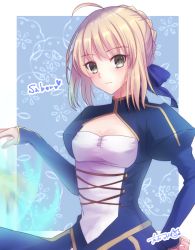Rule 34 | 1girl, ahoge, artoria pendragon (all), artoria pendragon (fate), blonde hair, blue dress, blue ribbon, braid, breasts, character name, closed mouth, dress, fate/stay night, fate (series), hair ribbon, hand on own hip, highres, juliet sleeves, long sleeves, looking at viewer, medium breasts, puffy sleeves, ribbon, saber (fate), signature, smile, solo, tanaji, upper body