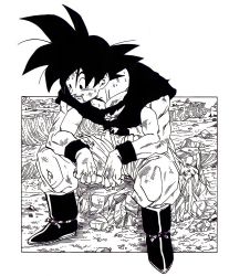 Rule 34 | 1boy, ankle boots, arm support, black eyes, black footwear, black hair, black shirt, boots, border, cliff, damaged, dirty, dirty clothes, dirty face, dragon ball, dragonball z, elbow on knee, elbow rest, facing viewer, full body, grass, highres, leaning forward, looking down, male focus, monochrome, mountain, muscular, official art, outdoors, outside border, pants, pectorals, rock, scratches, shirt, sitting, sitting on rock, smile, solo, son goku, spiked hair, sweat, toriyama akira, torn clothes, torn pants, torn shirt, undershirt, white border, wristband
