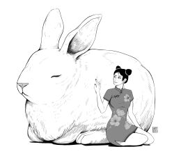 Rule 34 | 1girl, animal, black hair, china dress, chinese clothes, commentary, double bun, dress, english commentary, greyscale, hair bun, hand on animal, highres, mattdominicart, monochrome, original, rabbit, sitting, thighs, watermark, white background