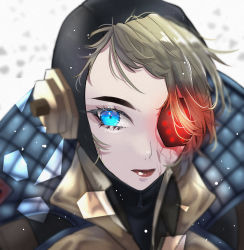 Rule 34 | 1girl, absurdres, animification, apex legends, black headwear, black jacket, blonde hair, blue eyes, deep current wattson, eyepatch, facial scar, floating hair, glowing, highres, jacket, looking to the side, official alternate costume, one eye covered, red lips, scar, scar on cheek, scar on face, siki mhr, solo, wattson (apex legends), white background
