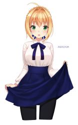 Rule 34 | 1girl, ahoge, ango, ankkoyom, artist name, artoria pendragon (all), artoria pendragon (fate), bad id, bad pixiv id, black pantyhose, blonde hair, blouse, blue skirt, blush, braid, breasts, cropped legs, fate/stay night, fate (series), french braid, green eyes, high-waist skirt, highres, long sleeves, looking at viewer, medium breasts, open mouth, pantyhose, saber (fate), shirt, short hair with long locks, sidelocks, simple background, skirt, solo, teeth, white background, white shirt