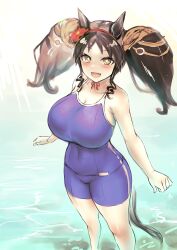 Rule 34 | 1girl, animal ears, breasts, brown hair, competition school swimsuit, highres, horse ears, horse girl, large breasts, looking at viewer, marvelous sunday (umamusume), one-piece swimsuit, open mouth, school swimsuit, solo, sparkling eyes, swimsuit, tracen swimsuit, twintails, umamusume, yellow eyes, yuugatou (yuuzutu)