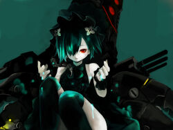 Rule 34 | 1girl, adapted turret, black dress, black hair, black scrunchie, black surge night, black thighhighs, black veil, colored skin, commentary request, dark green hair, dress, hair ornament, hair over one eye, highres, luetzow (black surge night), mechanical tentacles, parted lips, red eyes, rigging, scrunchie, sleeveless, sleeveless dress, stitched arm, stitches, thighhighs, veil, white skin, wvkg2778