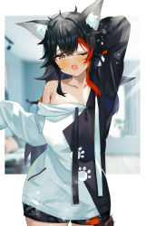 Rule 34 | 1girl, absurdres, animal ear fluff, animal ears, arm behind head, arm up, black hair, black shorts, blush, brown eyes, cowboy shot, hair between eyes, highres, hololive, long hair, long sleeves, looking at viewer, multicolored hair, nappi0110, off shoulder, one eye closed, ookami mio, ookami mio (casual), open mouth, paw print, red hair, short shorts, shorts, single bare shoulder, solo, standing, streaked hair, two-tone hoodie, virtual youtuber, wolf ears