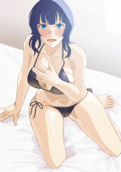 Rule 34 | 1girl, :o, absurdres, asaka karin, bare shoulders, bed sheet, bikini, black bean, black bikini, blue eyes, blue hair, blush, breasts, cleavage, collarbone, commentary request, halterneck, hand on own chest, highres, large breasts, looking at viewer, love live!, love live! nijigasaki high school idol club, love live! school idol festival, love live! school idol festival all stars, medium hair, mole, mole on breast, mole on collarbone, open mouth, side-tie bottom, sitting, swimsuit