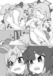 Rule 34 | 10s, 3girls, :3, :o, ^ ^, animal ears, antlers, arabian oryx (kemono friends), arms up, aurochs (kemono friends), blush, closed eyes, closed mouth, comic, door, doorknob, eyelashes, female pervert, fur collar, greyscale, hair between eyes, hands up, horns, indoors, kemono friends, lion (kemono friends), lion ears, lion tail, long hair, looking at another, lying, mizu, monochrome, motion lines, multicolored hair, multiple girls, necktie, on stomach, open mouth, paw pose, peeking, personification, pervert, plaid, plaid skirt, saliva, scarf, shirt, short hair, short sleeves, skirt, sleeping, smile, stretching, tail, trembling, wavy mouth, yuri