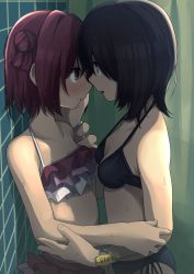 Rule 34 | 2girls, akaza akari, bikini, black bikini, black hair, blush, breasts, brown eyes, closed mouth, collarbone, commentary, double bun, eye contact, face-to-face, frilled bikini, frills, from side, funami yui, hair bun, hand on another&#039;s cheek, hand on another&#039;s face, highres, looking at another, multiple girls, open mouth, profile, red eyes, red hair, shadow, short hair, small breasts, swimsuit, tennosuke (tejons), wet, yuri, yuru yuri