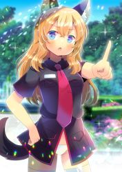 Rule 34 | 1girl, animal ear fluff, animal ears, black jacket, blonde hair, blue eyes, blurry, blurry background, blush, chestnut mouth, commission, depth of field, flower, groin, hair between eyes, index finger raised, jacket, kou hiyoyo, lens flare, long hair, necktie, no pants, original, outstretched arm, panties, pink flower, red necktie, short sleeves, skeb commission, solo, tail, thighhighs, underwear, white panties, white thighhighs