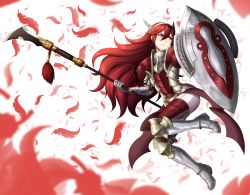 Rule 34 | 1girl, adricarra, armor, armored boots, boots, caeldori (fire emblem), feathers, fire emblem, fire emblem fates, full body, gauntlets, hair between eyes, hairband, highres, long hair, nintendo, polearm, red eyes, red hair, shield, solo, weapon, winged hair ornament