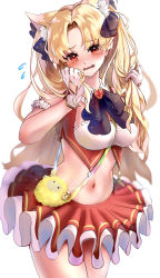 Rule 34 | 1girl, absurdres, animal ear fluff, animal ears, blonde hair, breasts, cat ears, crop top, dumuzid (fate), ereshkigal (fate), fate/grand order, fate (series), gloves, hair ribbon, highres, large breasts, long hair, looking at viewer, magical girl, midriff, navel, nepodayo, open mouth, parted bangs, red eyes, red skirt, ribbon, skirt, solo, stuffed toy, thighs, two side up, white gloves