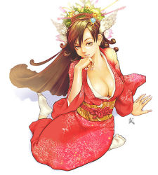 Rule 34 | 1girl, breasts, brown hair, cleavage, japanese clothes, kimono, large breasts, original, socks, solo, takeshi, yellow eyes