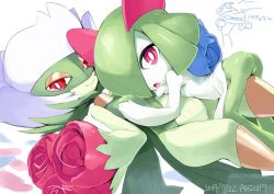 Rule 34 | :o, ario, artist name, ass, bouquet, breast press, breasts, choker, creatures (company), dated, flower, game freak, gen 3 pokemon, gen 4 pokemon, gen 5 pokemon, genesect, hand on another&#039;s chest, horns, jpeg artifacts, kirlia, legendary pokemon, lying, mythical pokemon, nintendo, on back, open mouth, petals, pink eyes, pokemon, pokemon (creature), red eyes, red flower, red rose, rose, roserade, simple background, small breasts, smile, text focus, white background, yuri