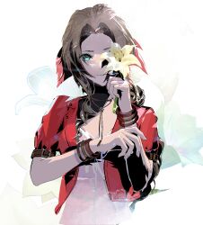 Rule 34 | 1girl, aerith gainsborough, bangle, bracelet, braid, braided ponytail, brown hair, choker, cofffee, dress, final fantasy, final fantasy vii, final fantasy vii remake, floral background, flower, flower choker, flower over eye, green eyes, hair ribbon, holding, holding flower, jacket, jewelry, lily (flower), long hair, looking at viewer, parted bangs, pink dress, pink ribbon, red jacket, ribbon, short sleeves, sidelocks, solo, upper body, yellow flower