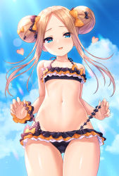 Rule 34 | 1girl, abigail williams (emerald float) (fate), abigail williams (fate), bare shoulders, bikini, black bikini, black bow, blonde hair, blue eyes, blue sky, blush, bow, cloud, collarbone, day, double bun, emerald float, fate/grand order, fate (series), forehead, gluteal fold, hair bow, hair bun, heart, highres, long hair, looking at viewer, multiple hair bows, navel, official alternate costume, open mouth, orange bow, parted bangs, polka dot, polka dot bow, sky, smile, solo, standing, stomach, swimsuit, teasing, thigh gap, tomo (tmtm mf mf)