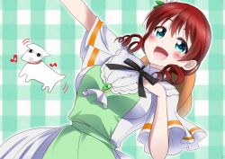 1girl :d black_ribbon blue_eyes blush breasts brown_hair child&#039;s_drawing collared_dress commentary dress drill_hair emma_verde gingham_background goat green_background green_dress hashtag-only_commentary highres la_bella_patria_(love_live!) large_breasts long_hair looking_at_viewer love_live! love_live!_nijigasaki_high_school_idol_club low_drills neck_ribbon open_mouth ribbon short_sleeves smile solo twin_drills white_dress zero-theme