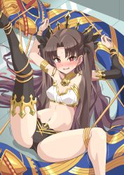 Rule 34 | 1girl, absurdres, armlet, asymmetrical legwear, asymmetrical sleeves, bikini, black hair, blush, breasts, collarbone, commission, detached sleeves, earrings, fate/grand order, fate (series), gold trim, heavenly boat maanna, highres, hoop earrings, ishtar (fate), jewelry, long hair, looking at viewer, medium breasts, mismatched bikini, navel, neck ring, open mouth, parted bangs, pixiv commission, red eyes, rope, shimouki izui, single detached sleeve, single thighhigh, spread legs, swimsuit, tearing up, thighhighs, tiara, two side up, uneven legwear, uneven sleeves