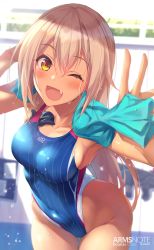 Rule 34 | 1girl, arms note, bare shoulders, blonde hair, blue one-piece swimsuit, blush, breasts, collarbone, competition swimsuit, covered navel, dark-skinned female, dark skin, fang, fukai ryosuke, hair between eyes, highleg, highleg swimsuit, highres, large breasts, long hair, looking at viewer, object in clothes, object in swimsuit, one-piece swimsuit, one eye closed, open mouth, smile, solo, swimming club kouhai (fukai ryousuke), swimsuit, tan, thighs, towel, v, wet, yellow eyes