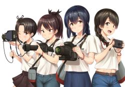 Rule 34 | 10s, 4girls, :d, ayanami (kancolle), bag, black hair, bracelet, braid, breasts, brown hair, camera, casual, closed mouth, contemporary, crop top, denim, grin, hair over shoulder, hair ribbon, ichikawa feesu, isonami (kancolle), jeans, jewelry, kantai collection, long hair, looking at viewer, midriff, multiple girls, navel, one eye closed, open mouth, pants, ribbon, shikinami (kancolle), shirt, shoulder bag, side ponytail, simple background, single braid, skirt, small breasts, smile, sweatdrop, t-shirt, twin braids, uranami (kancolle), white background, yellow eyes