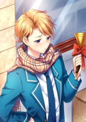 Rule 34 | 1girl, ambiguous gender, bell, blazer, blonde hair, blue eyes, blush, bow, brown scarf, crossdressing, day, ear piercing, ensemble stars!, female focus, from side, green jacket, hand on own hip, highres, holding, holding bell, jacket, koyoka, long sleeves, looking down, narukami arashi, necktie, open clothes, open jacket, outdoors, piercing, plaid, plaid scarf, red bow, scarf, shirt, short hair, solo, upper body, white shirt